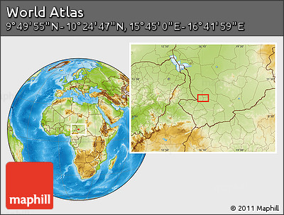 Physical Location Map of the Area around 10° 7' 21" N, 16° 13' 30" E