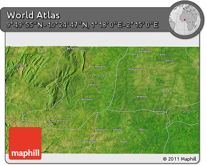 Satellite 3D Map of the Area around 10° 7' 21" N, 1° 46' 29" E