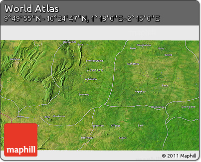 Satellite 3D Map of the Area around 10° 7' 21" N, 1° 46' 29" E