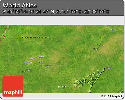 Satellite 3D Map of the Area around 10° 7' 21" N, 22° 10' 29" E