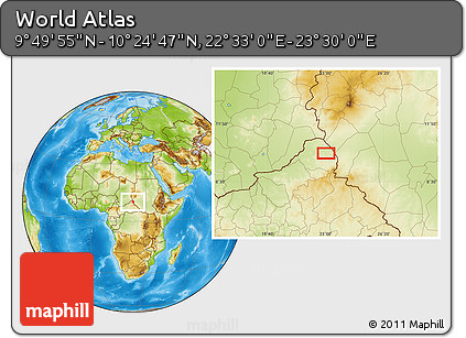 Physical Location Map of the Area around 10° 7' 21" N, 23° 1' 29" E