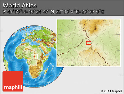 Physical Location Map of the Area around 10° 7' 21" N, 23° 1' 29" E