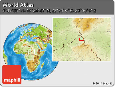 Physical Location Map of the Area around 10° 7' 21" N, 23° 1' 29" E