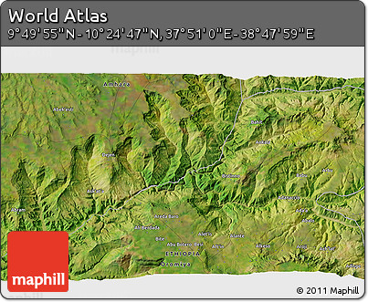 Satellite 3D Map of the Area around 10° 7' 21" N, 38° 19' 30" E