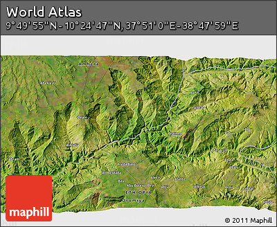 Satellite 3D Map of the Area around 10° 7' 21" N, 38° 19' 30" E