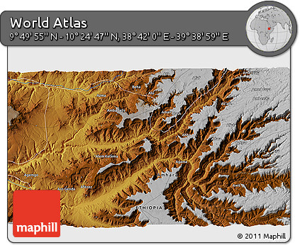 Physical 3D Map of the Area around 10° 7' 21" N, 39° 10' 29" E