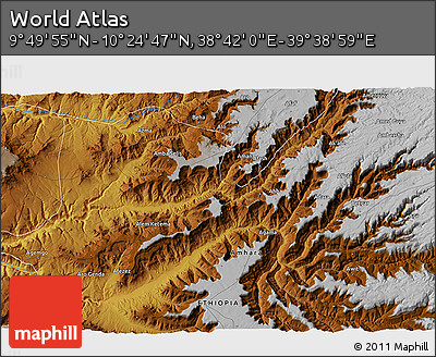 Physical 3D Map of the Area around 10° 7' 21" N, 39° 10' 29" E