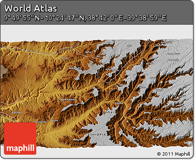 Physical 3D Map of the Area around 10° 7' 21" N, 39° 10' 29" E