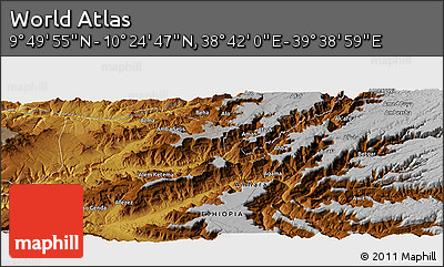 Physical Panoramic Map of the Area around 10° 7' 21" N, 39° 10' 29" E
