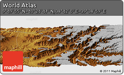 Physical Panoramic Map of the Area around 10° 7' 21" N, 39° 10' 29" E