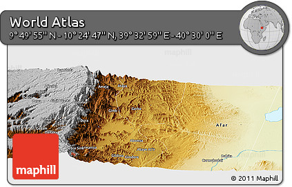 Physical Panoramic Map of the Area around 10° 7' 21" N, 40° 1' 29" E