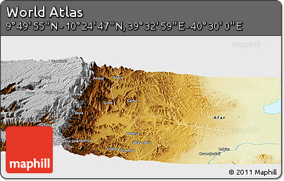 Physical Panoramic Map of the Area around 10° 7' 21" N, 40° 1' 29" E