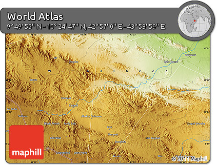 Physical Map of the Area around 10° 7' 21" N, 43° 25' 29" E