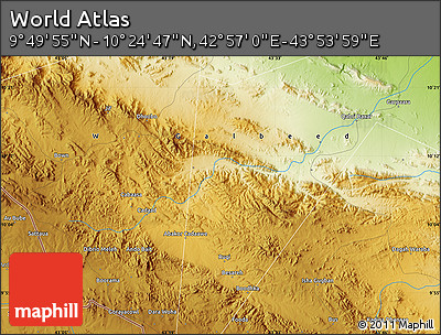 Physical Map of the Area around 10° 7' 21" N, 43° 25' 29" E