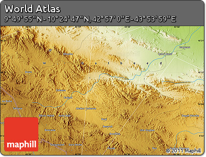 Physical Map of the Area around 10° 7' 21" N, 43° 25' 29" E