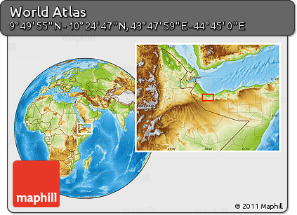 Physical Location Map of the Area around 10° 7' 21" N, 44° 16' 29" E
