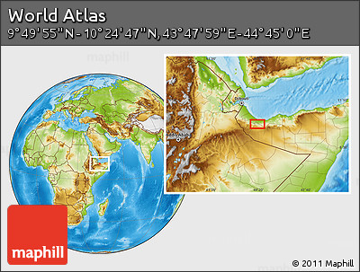 Physical Location Map of the Area around 10° 7' 21" N, 44° 16' 29" E