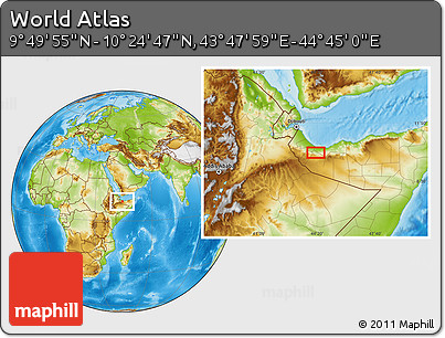 Physical Location Map of the Area around 10° 7' 21" N, 44° 16' 29" E