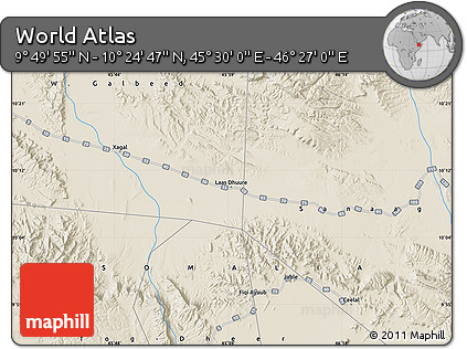 Shaded Relief Map of the Area around 10° 7' 21" N, 45° 58' 30" E