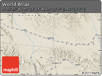Shaded Relief Map of the Area around 10° 7' 21" N, 45° 58' 30" E