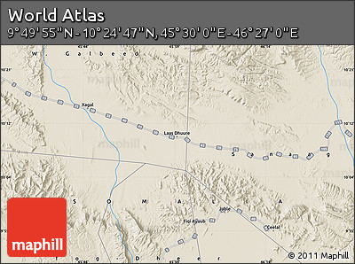 Shaded Relief Map of the Area around 10° 7' 21" N, 45° 58' 30" E