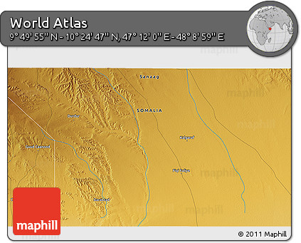 Physical 3D Map of the Area around 10° 7' 21" N, 47° 40' 29" E