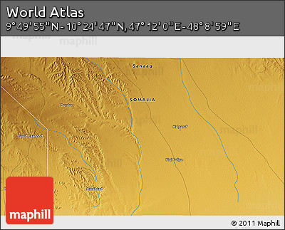 Physical 3D Map of the Area around 10° 7' 21" N, 47° 40' 29" E