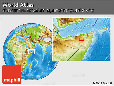 Physical Location Map of the Area around 10° 7' 21" N, 48° 31' 29" E