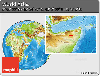Physical Location Map of the Area around 10° 7' 21" N, 48° 31' 29" E