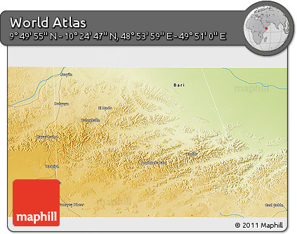 Physical 3D Map of the Area around 10° 7' 21" N, 49° 22' 30" E
