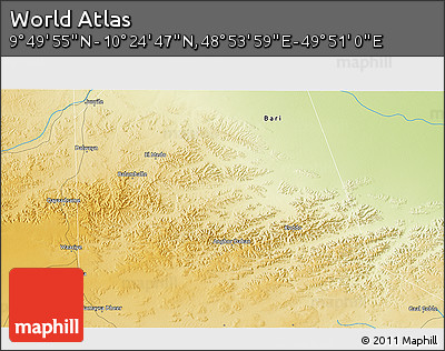 Physical 3D Map of the Area around 10° 7' 21" N, 49° 22' 30" E