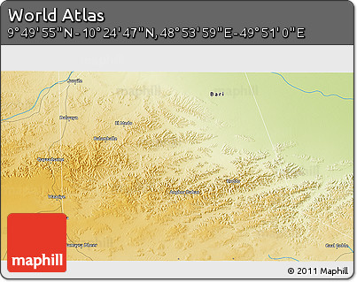 Physical 3D Map of the Area around 10° 7' 21" N, 49° 22' 30" E