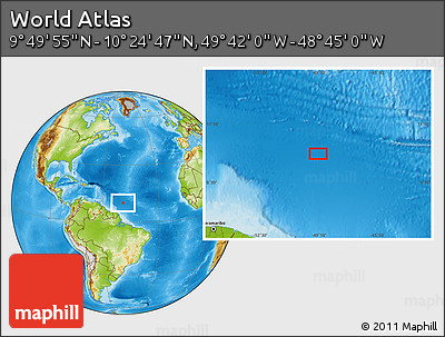 Physical Location Map of the Area around 10° 7' 21" N, 49° 13' 30" W