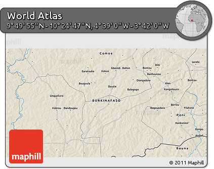 Shaded Relief 3D Map of the Area around 10° 7' 21" N, 4° 10' 30" W