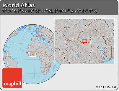 Gray Location Map of the Area around 10° 7' 21" N, 4° 10' 30" W