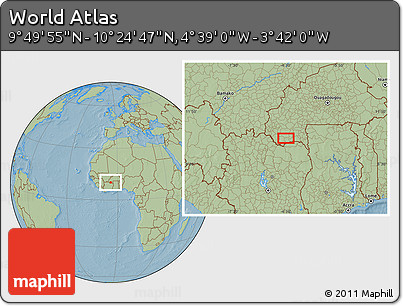 Savanna Style Location Map of the Area around 10° 7' 21" N, 4° 10' 30" W, hill shading