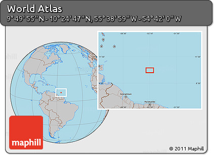 Gray Location Map of the Area around 10° 7' 21" N, 55° 10' 29" W
