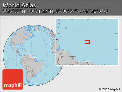 Gray Location Map of the Area around 10° 7' 21" N, 55° 10' 29" W