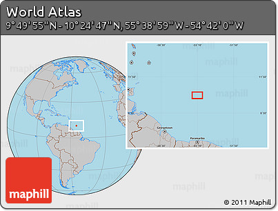 Gray Location Map of the Area around 10° 7' 21" N, 55° 10' 29" W