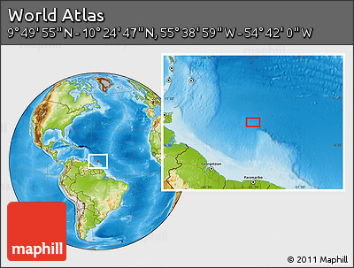Physical Location Map of the Area around 10° 7' 21" N, 55° 10' 29" W