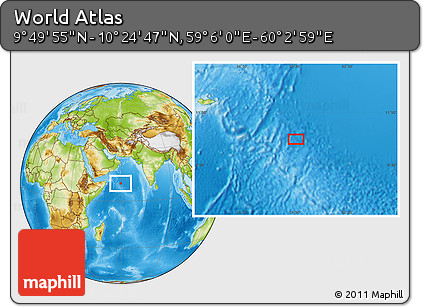 Physical Location Map of the Area around 10° 7' 21" N, 59° 34' 30" E
