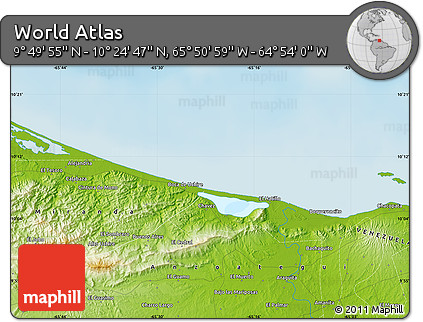 Physical Map of the Area around 10° 7' 21" N, 65° 22' 30" W