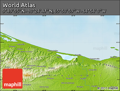 Physical Map of the Area around 10° 7' 21" N, 65° 22' 30" W