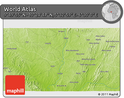 Physical 3D Map of the Area around 10° 7' 21" N, 6° 1' 30" E