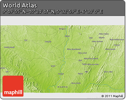 Physical 3D Map of the Area around 10° 7' 21" N, 6° 1' 30" E
