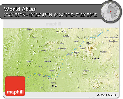 Physical 3D Map of the Area around 10° 7' 21" N, 6° 52' 30" E