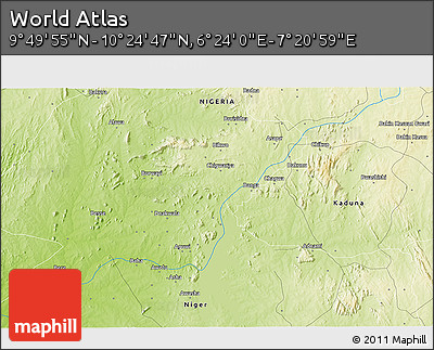 Physical 3D Map of the Area around 10° 7' 21" N, 6° 52' 30" E