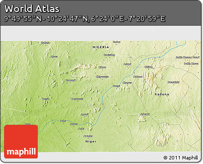 Physical 3D Map of the Area around 10° 7' 21" N, 6° 52' 30" E