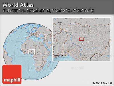 Gray Location Map of the Area around 10° 7' 21" N, 6° 52' 30" E, hill shading