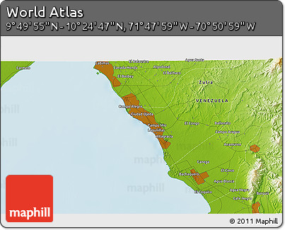 Physical 3D Map of the Area around 10° 7' 21" N, 71° 19' 29" W